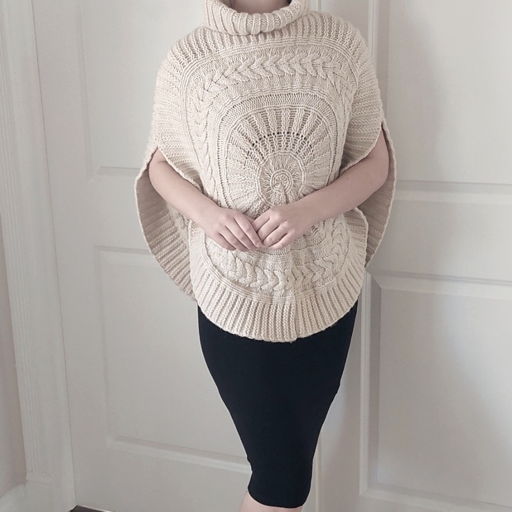 Beige Knitted Poncho Sweater